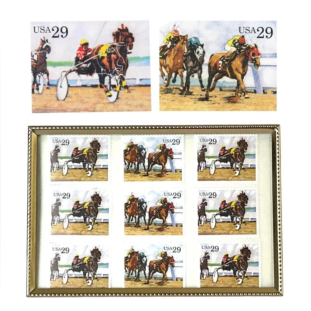 1993 Sporting Horses Harness Racing 29c Stamp Sheet of 9 in Gold Frame Stamp Art